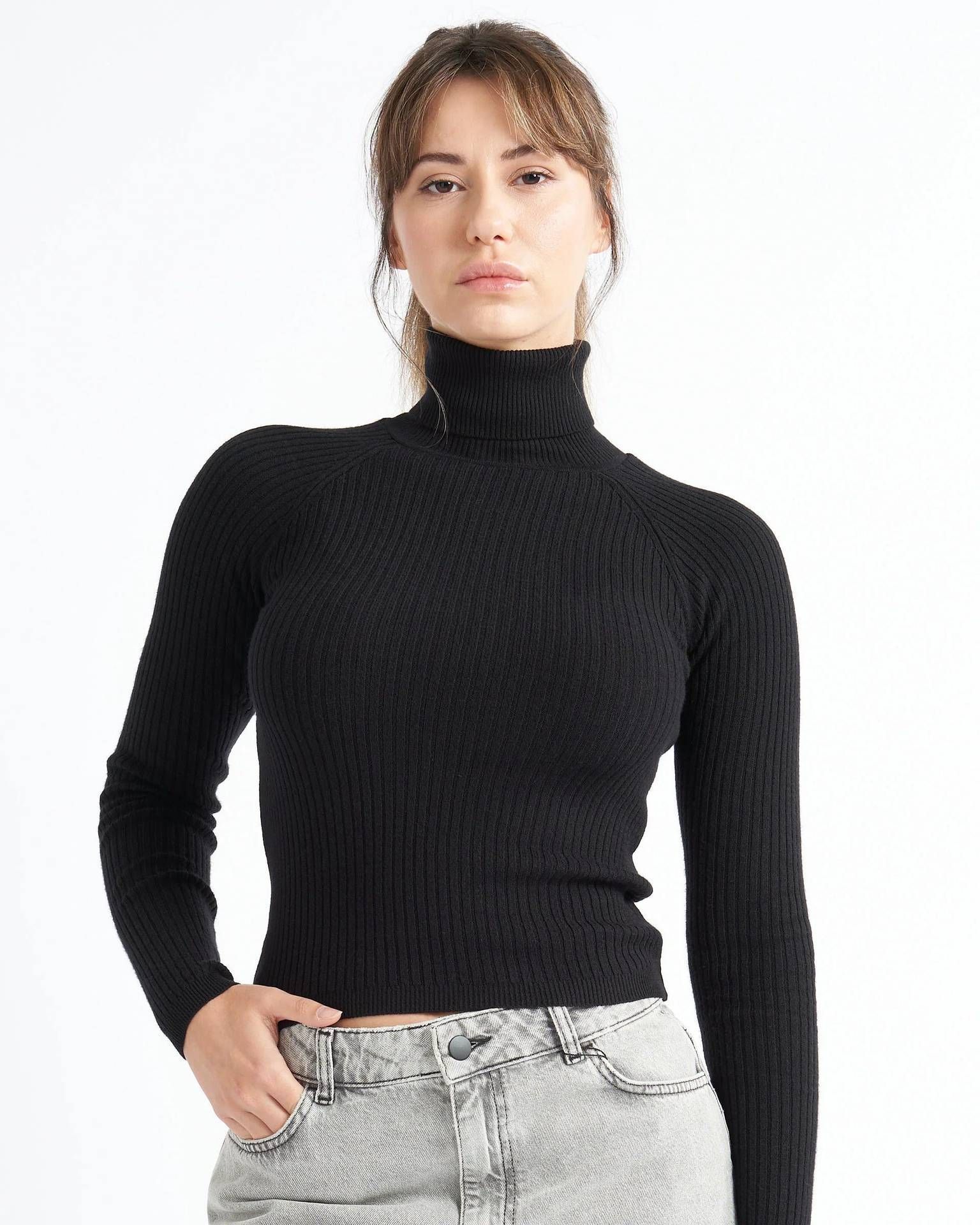 Women Solid High Neck Black Sweater