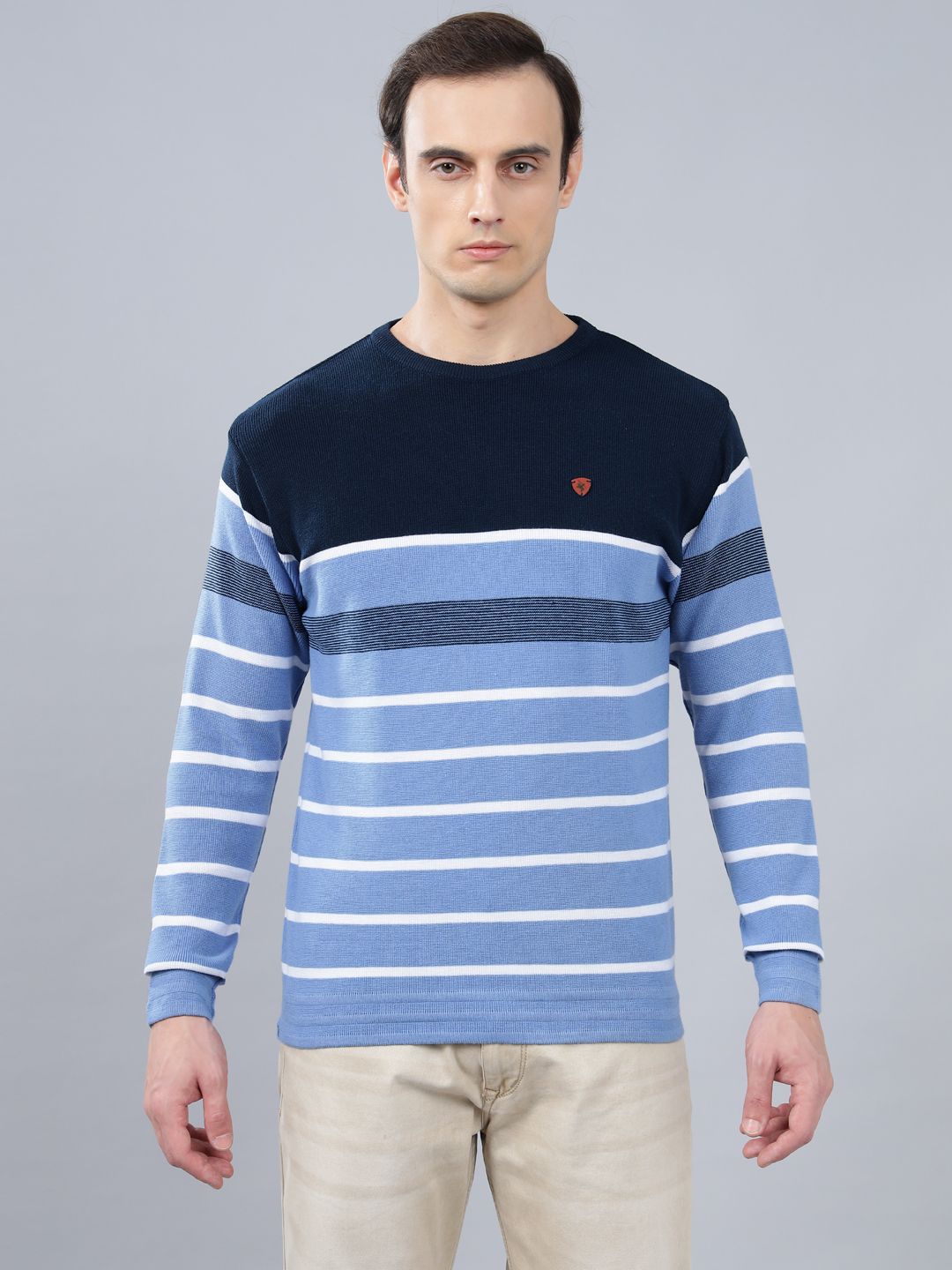 Men Striped Round Neck Light Blue, Dark Blue Sweater-image-40