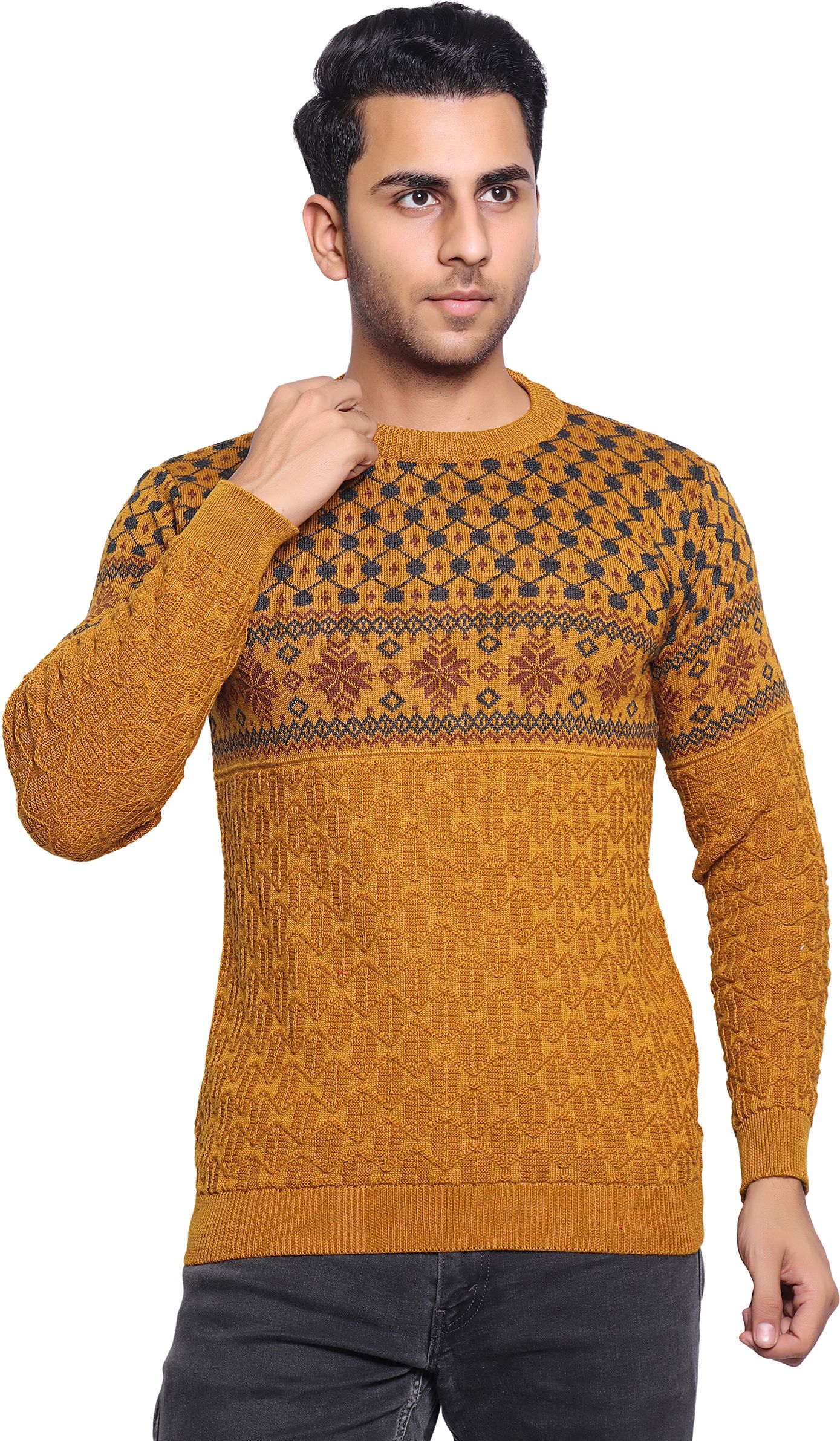 grand line Men Geometric Print Crew Neck Yellow Sweater-picture-13