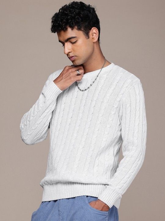 Men Self Design Crew Neck Grey Sweater-image-43