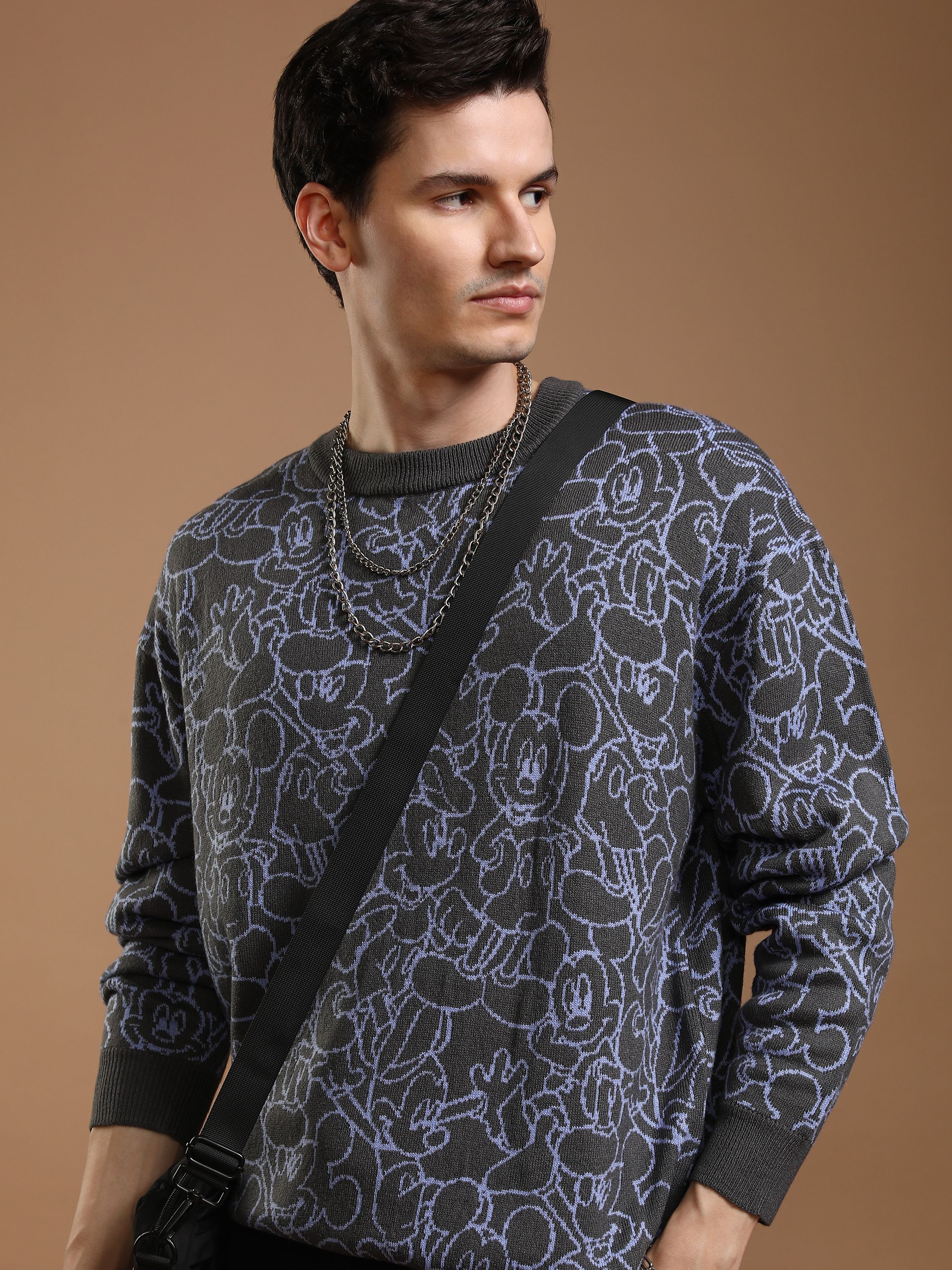 Men Woven Round Neck Grey Sweater-image-17