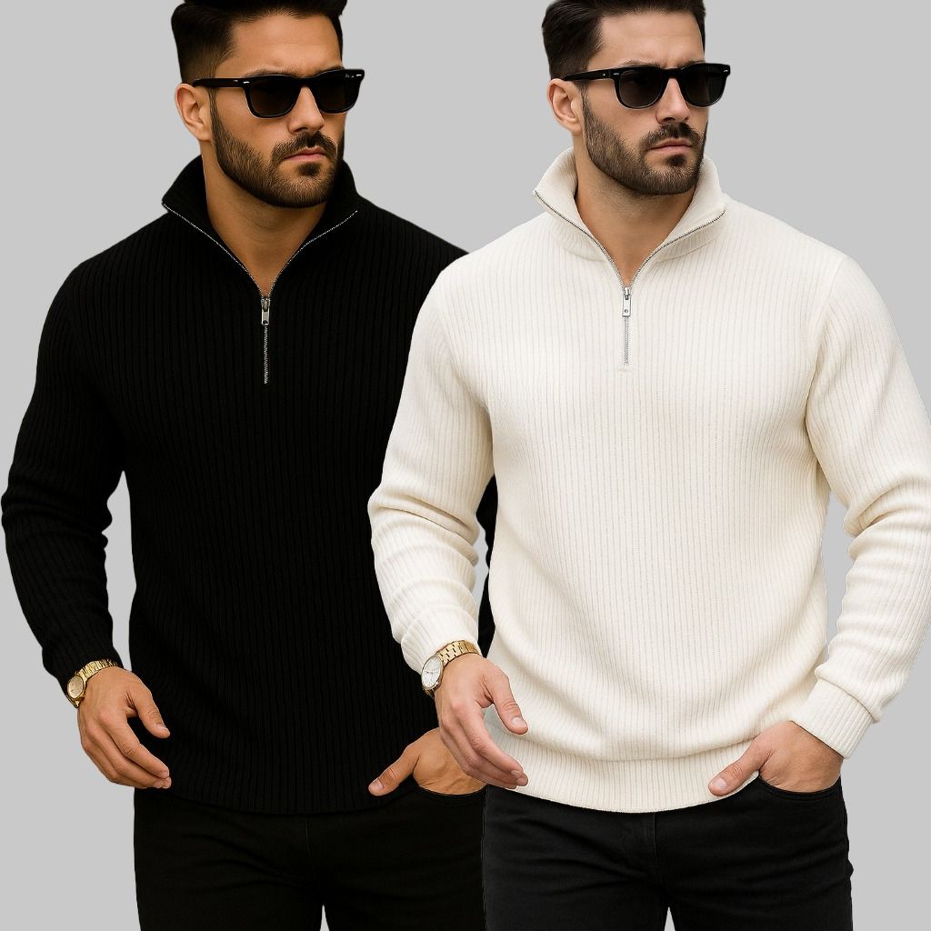 starvy Men Solid Collared Neck White, Black Sweater-picture-14