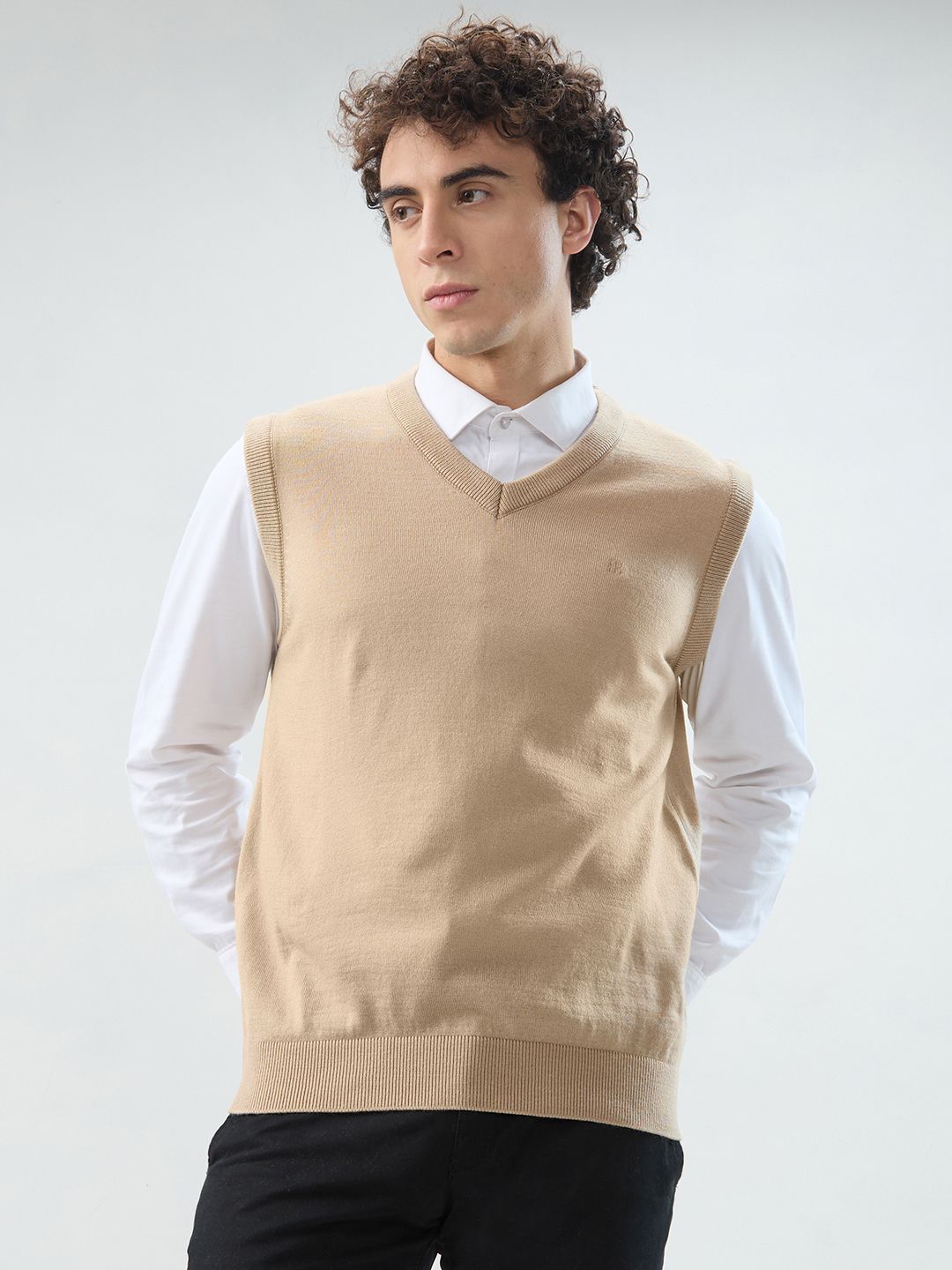 Men Solid V Neck Beige Sweater-image-44