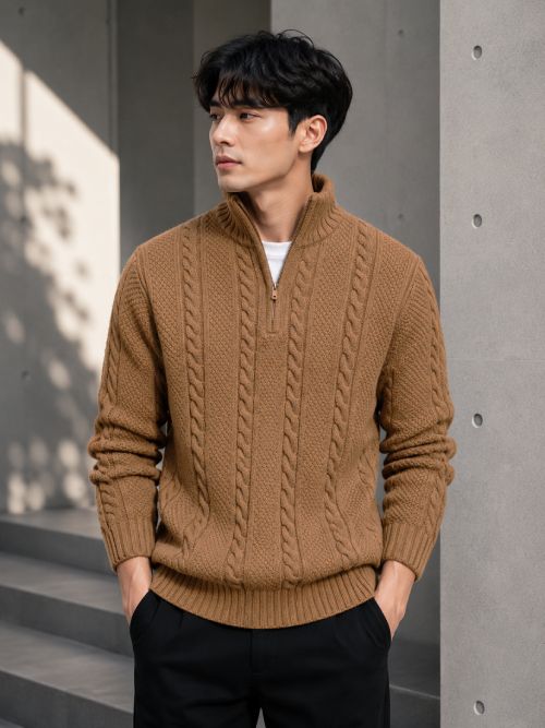 Men Solid V Neck Beige Sweater-image-8