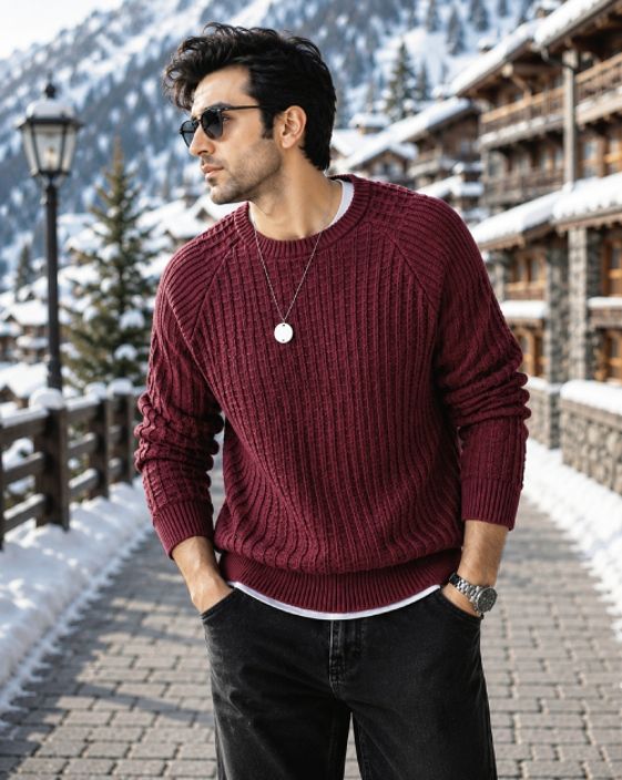 fashlook Men Self Design Round Neck Maroon Sweater-picture-49