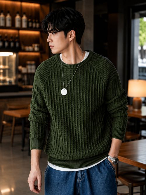 Men Solid Round Neck Dark Green Sweater-image-0