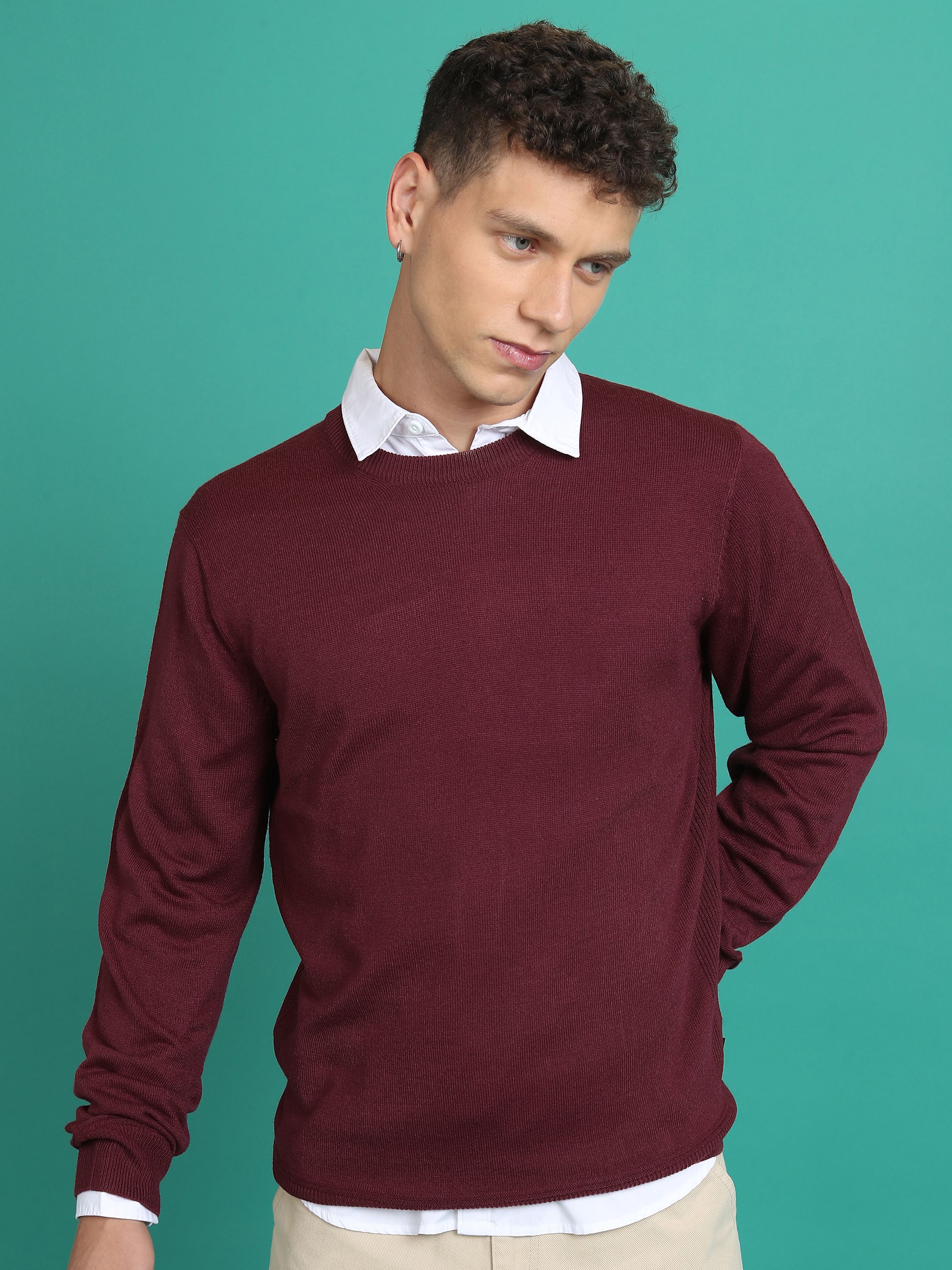 highlander Men Solid Round Neck Red Sweater-picture-25