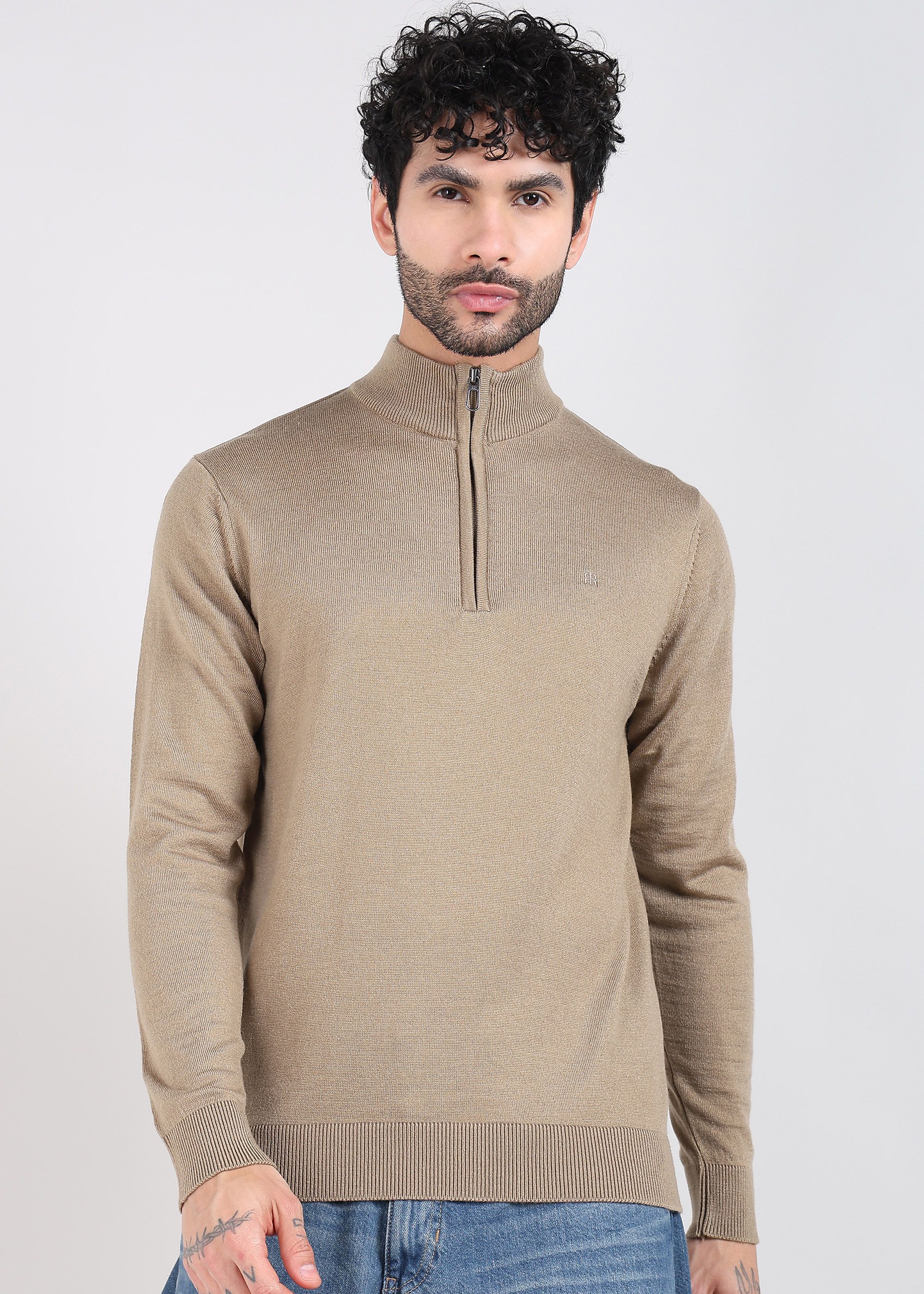 raymond Men Solid High Neck Beige Sweater-picture-10