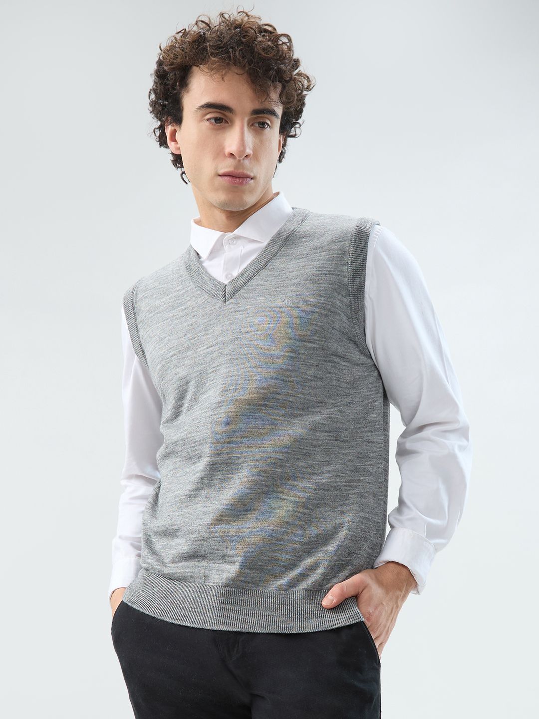 raymond Men Solid V Neck Grey Sweater-picture-13