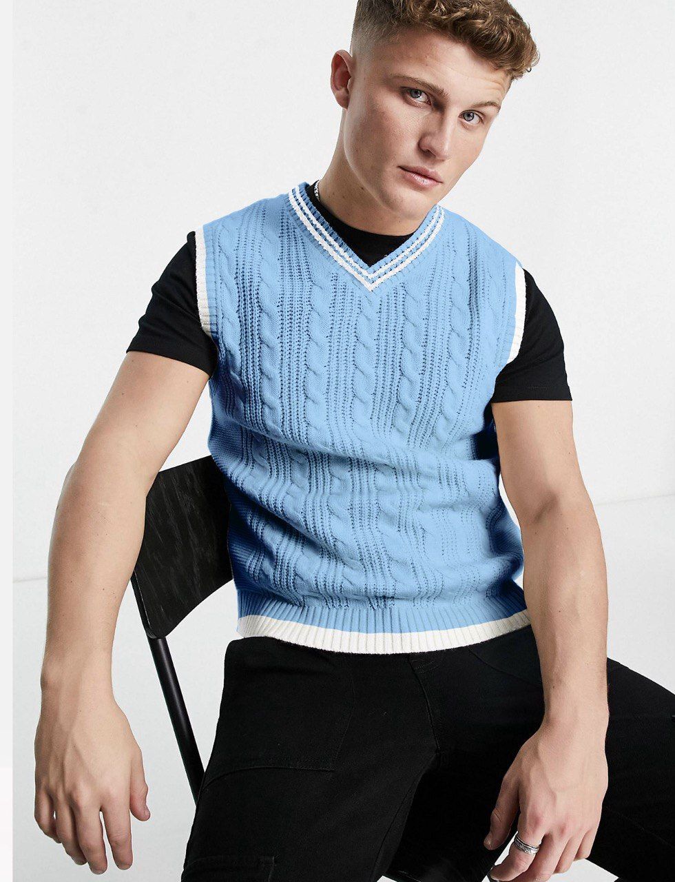 eddicted Men Self Design V Neck Blue Sweater-picture-14