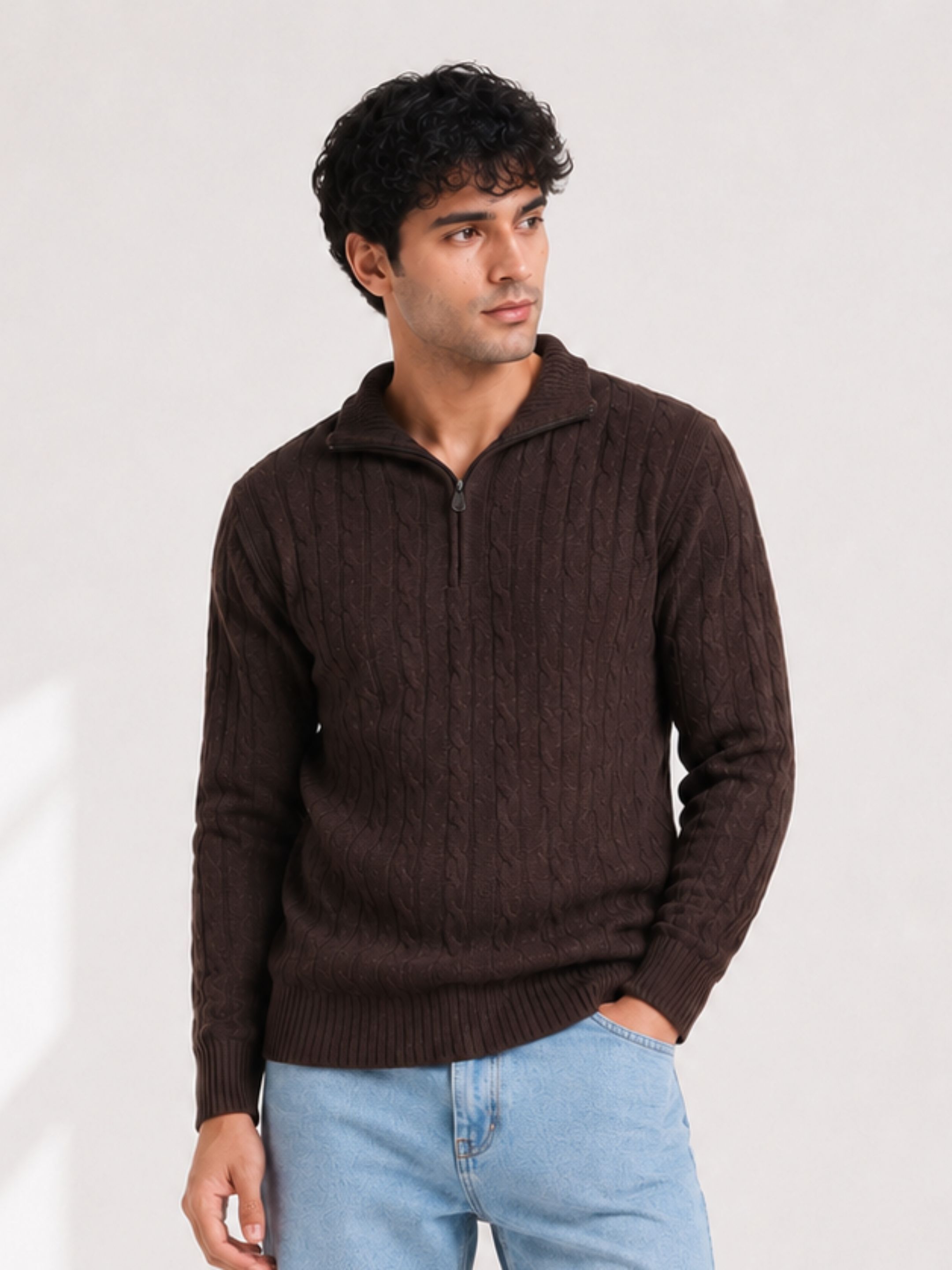 clubble Men Self Design Collared Neck Brown Sweater-picture-14