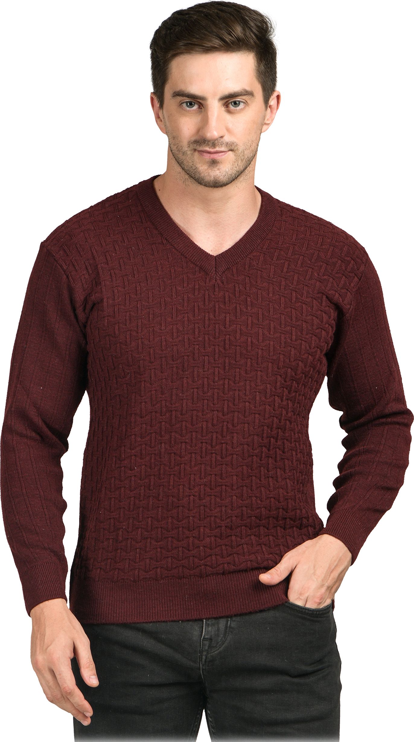 nico wesley Men Self Design V Neck Maroon Sweater-picture-16