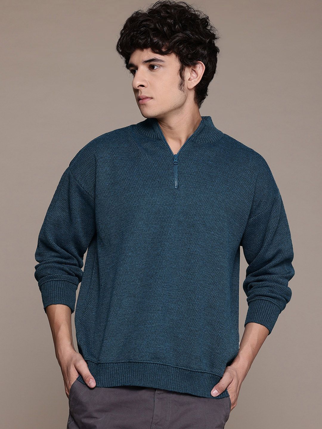 Men Self Design Mandarin Neck Green Sweater-image-38