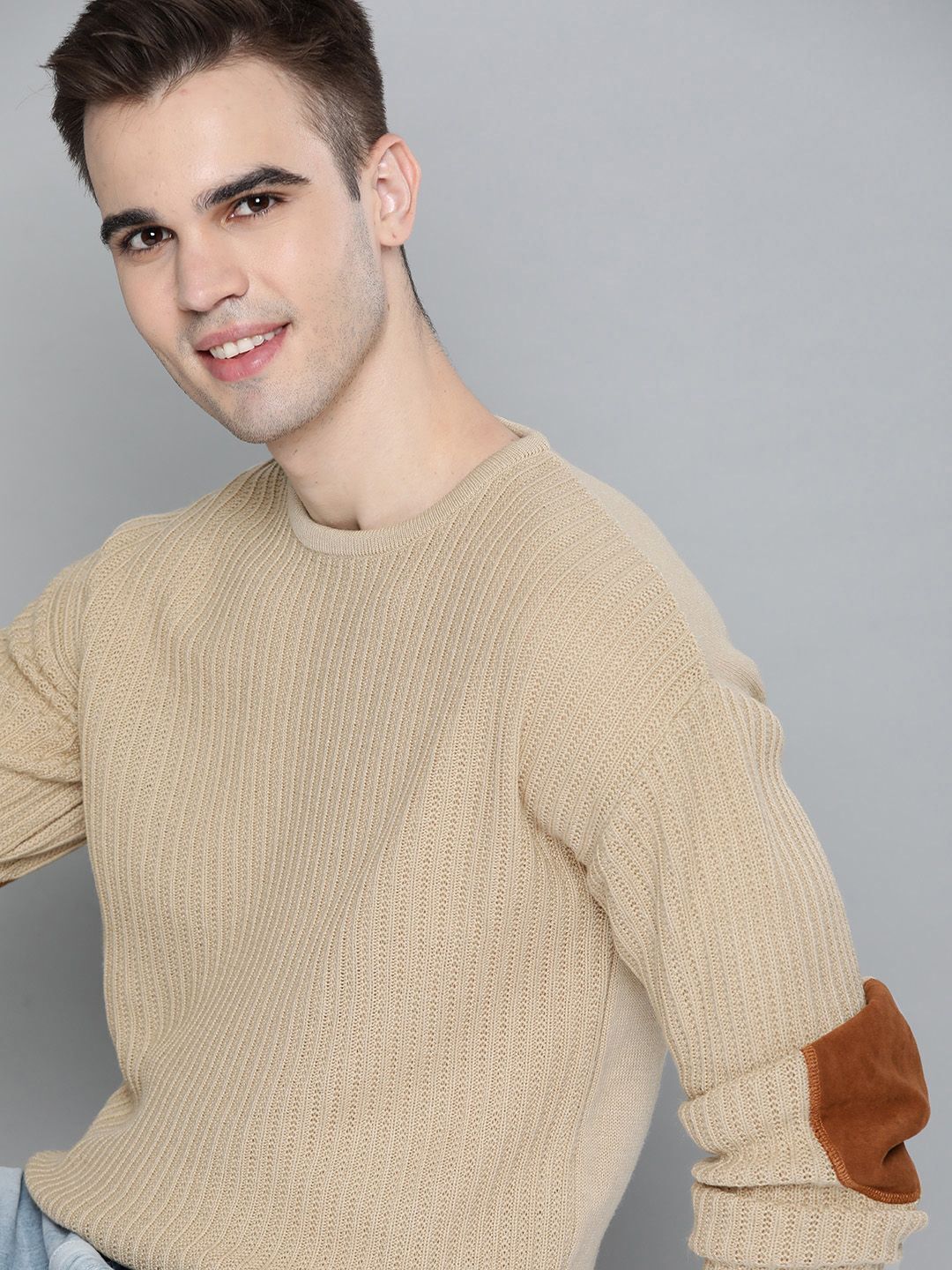 mast & harbour Men Solid Round Neck Beige Sweater-picture-6