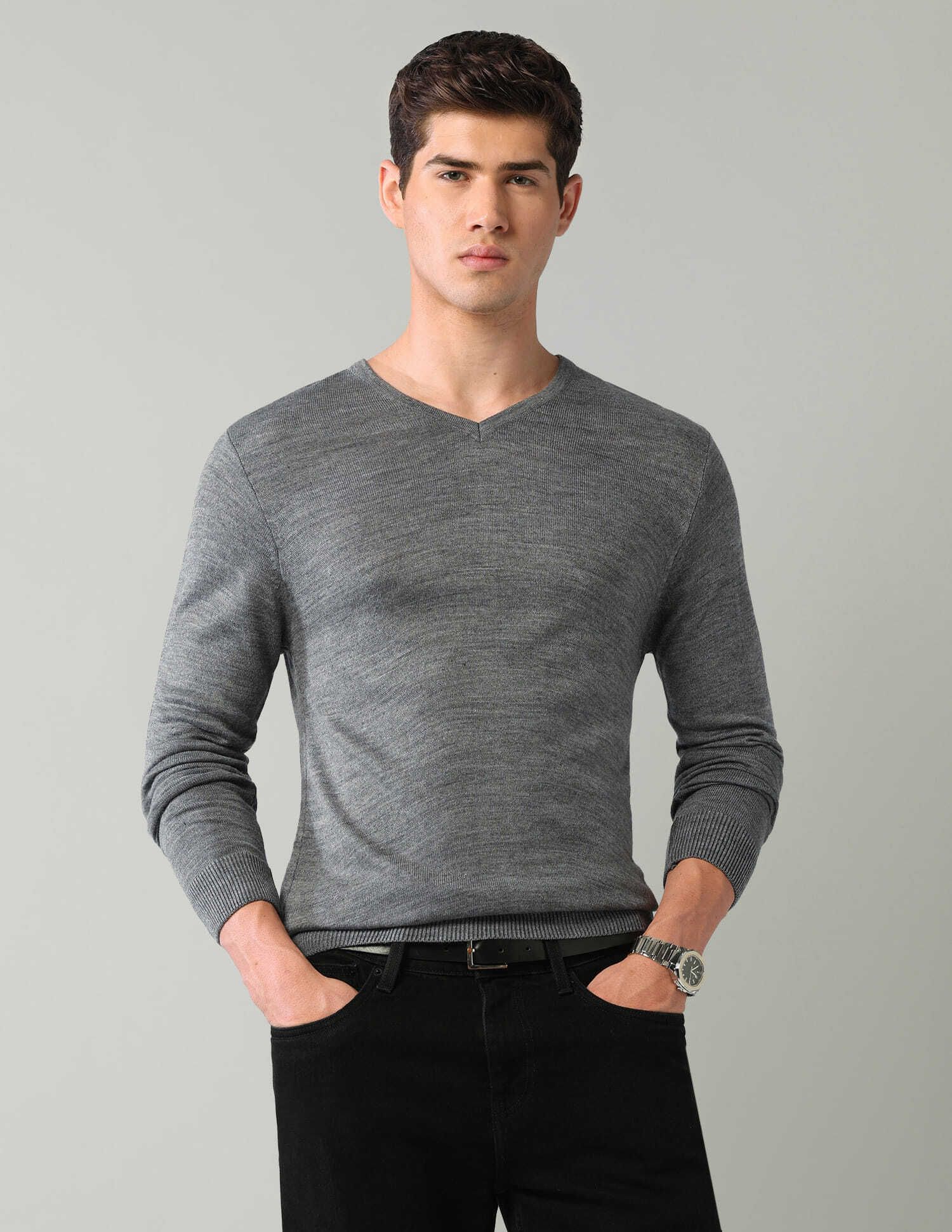 Men Solid V Neck Grey Sweater-image-46