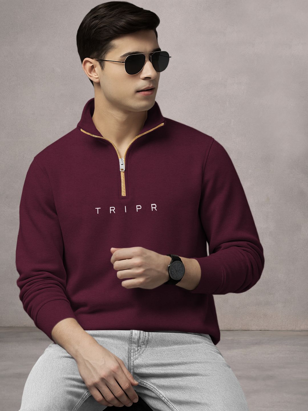 Men Printed High Neck Maroon Sweater-image-36
