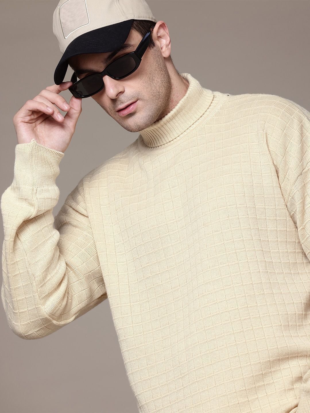 Men Self Design Turtle Neck Beige Sweater-image-15