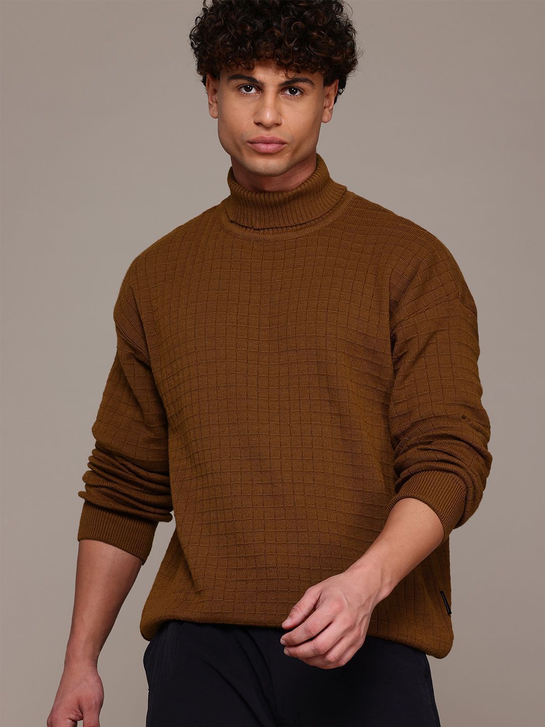 roadster Men Checkered Turtle Neck Brown Sweater-picture-10