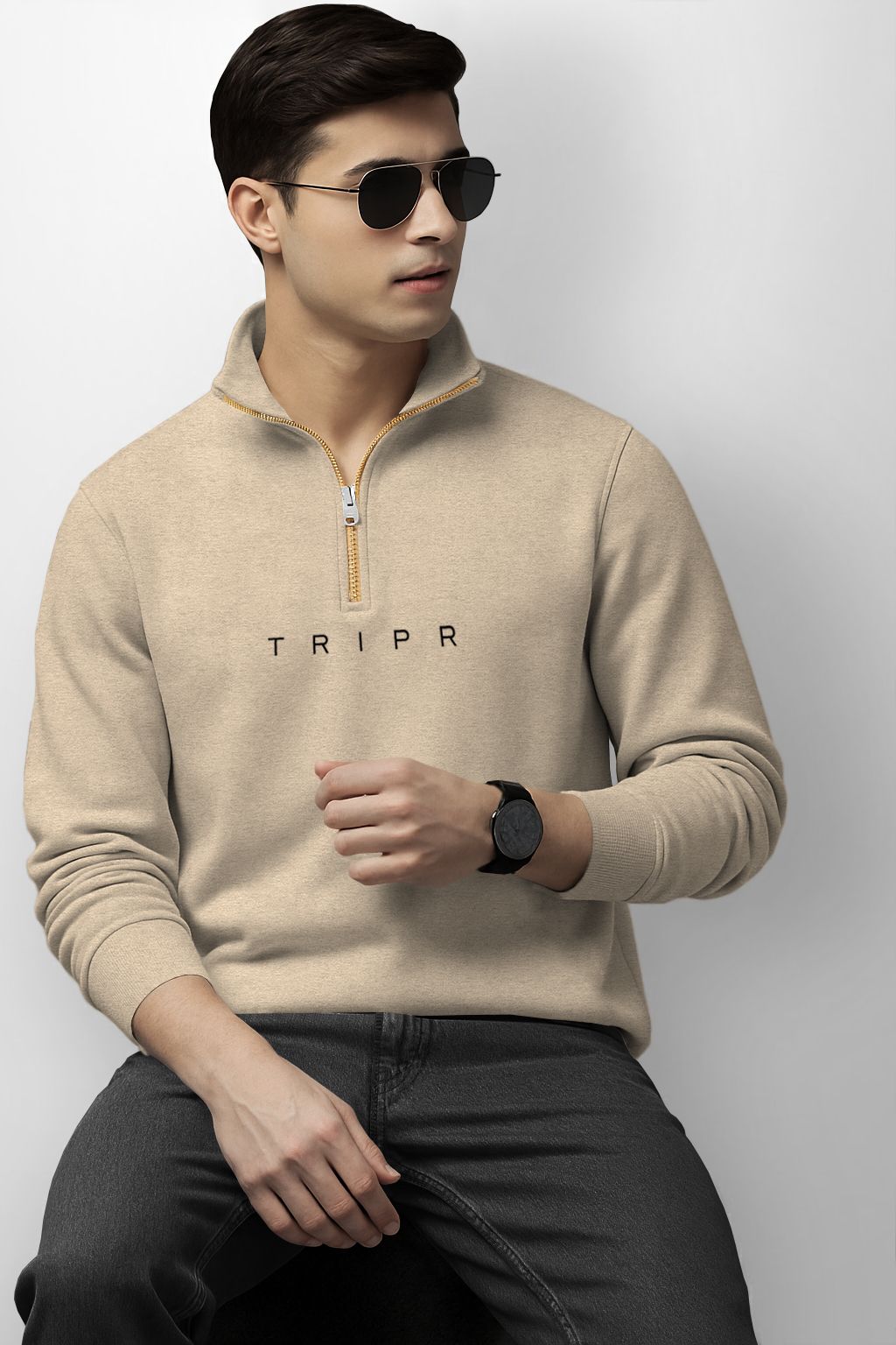 tripr Men Solid High Neck Beige Sweater-picture-19