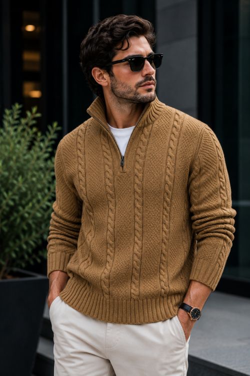 nikline Men Self Design V Neck Beige Sweater-picture-23