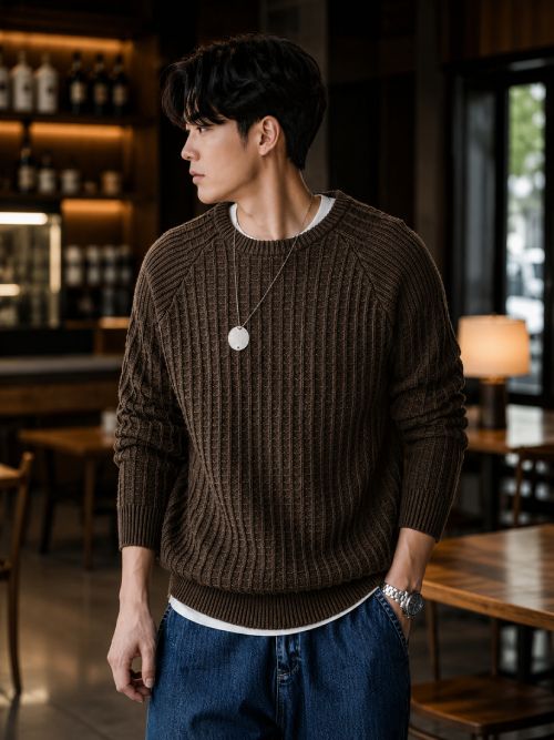 fashlook Men Solid Round Neck Brown Sweater-picture-28