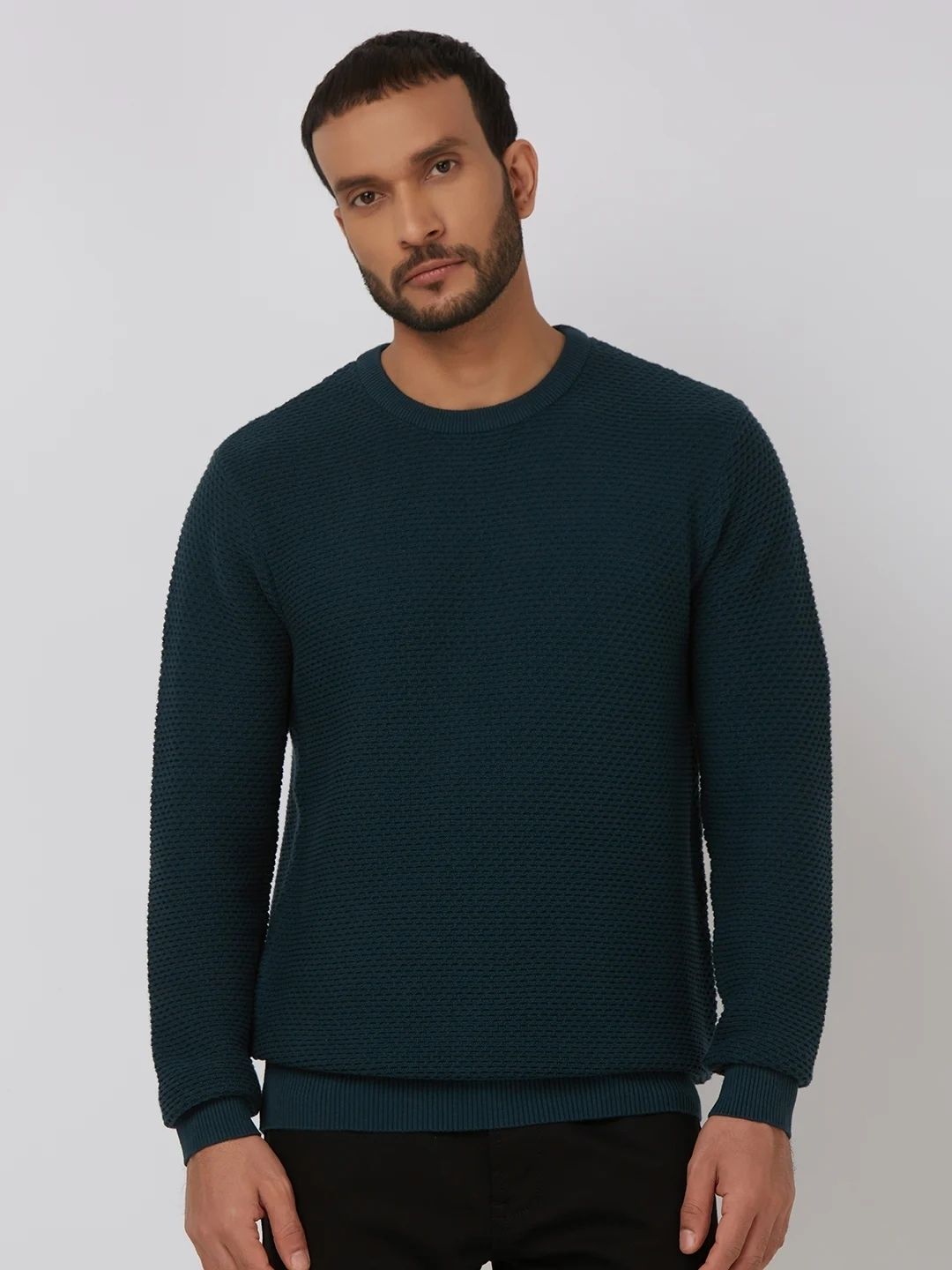 mufti Men Self Design Crew Neck Dark Blue Sweater-picture-24