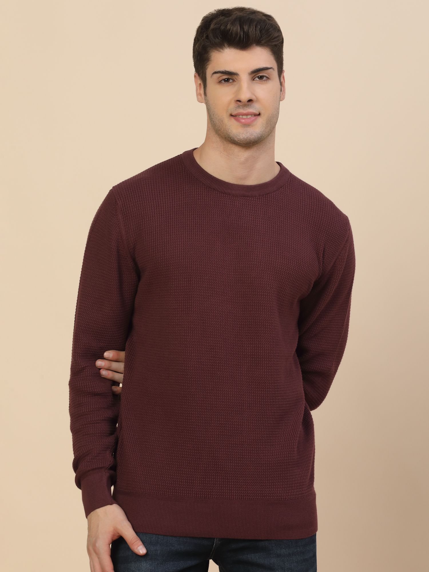 cantabil Men Self Design Round Neck Pink Sweater-picture-27