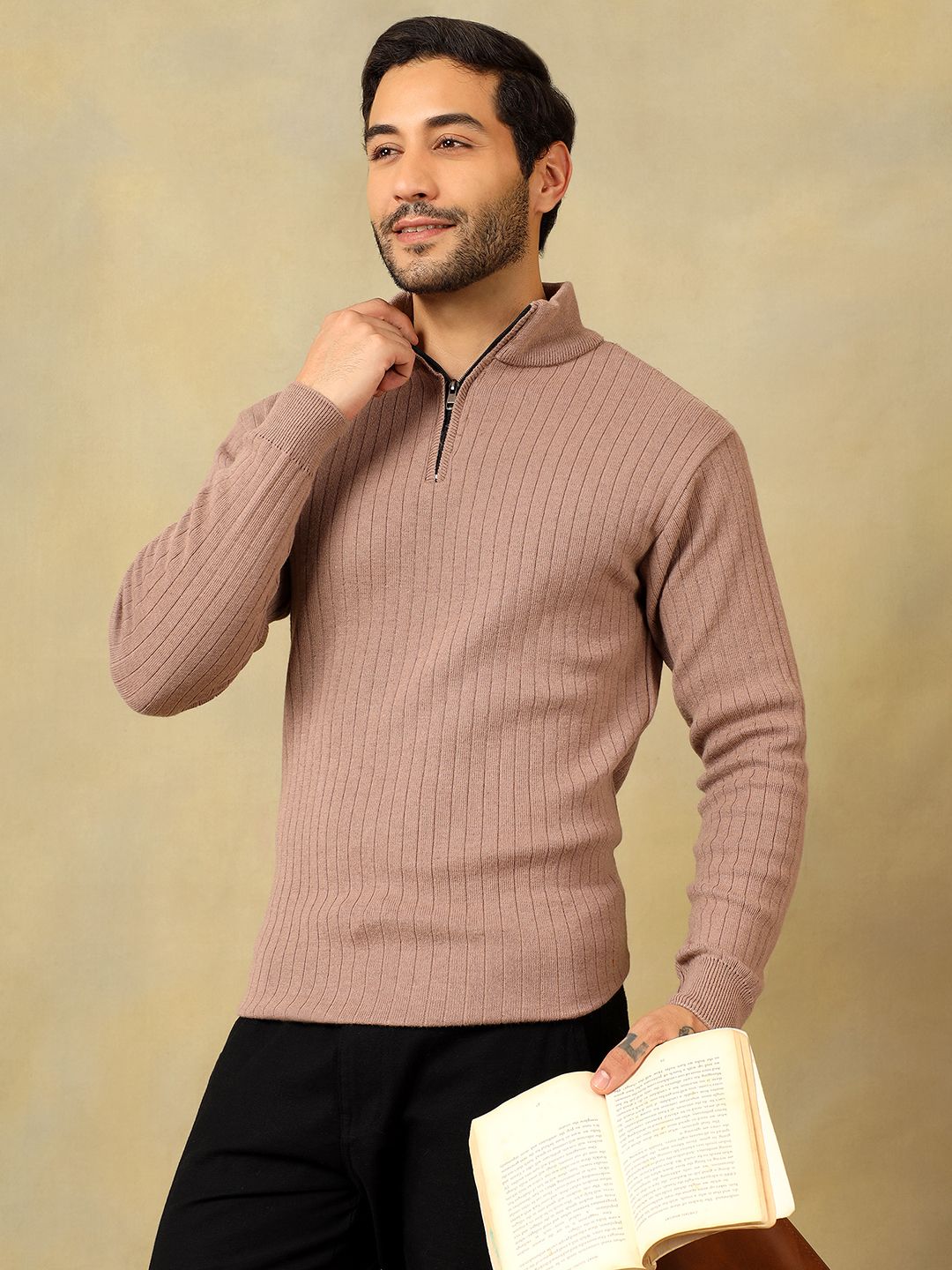 Men Solid High Neck Beige Sweater-image-21