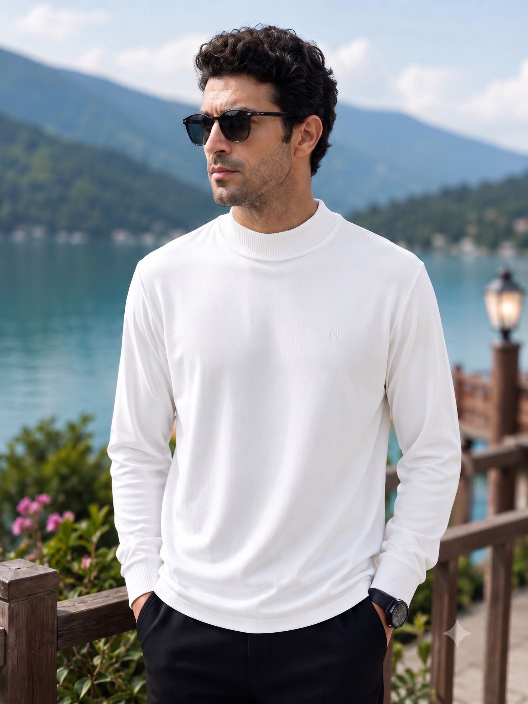 mno Men Solid Turtle Neck White Sweater-picture-34