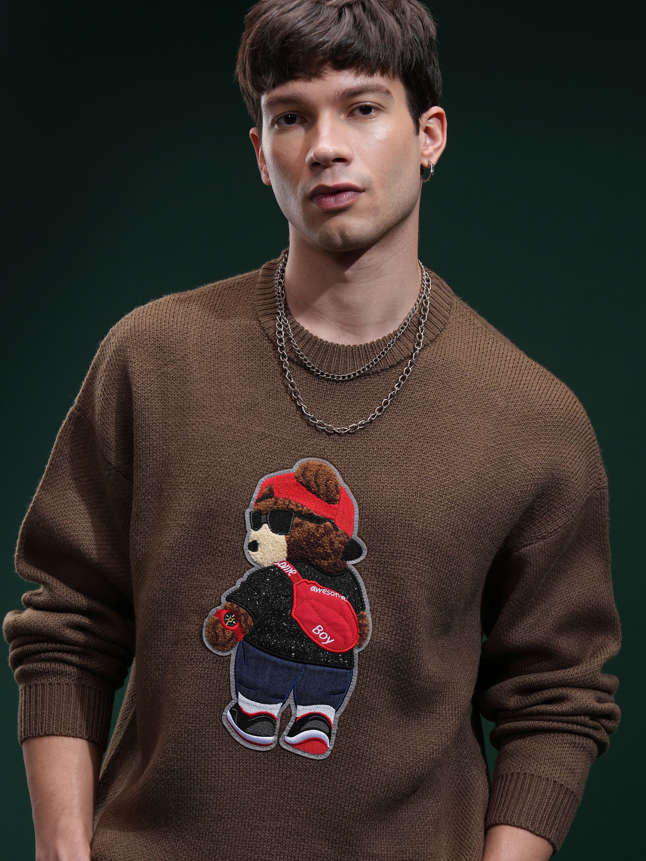 Men Graphic Print Round Neck Brown Sweater-image-26