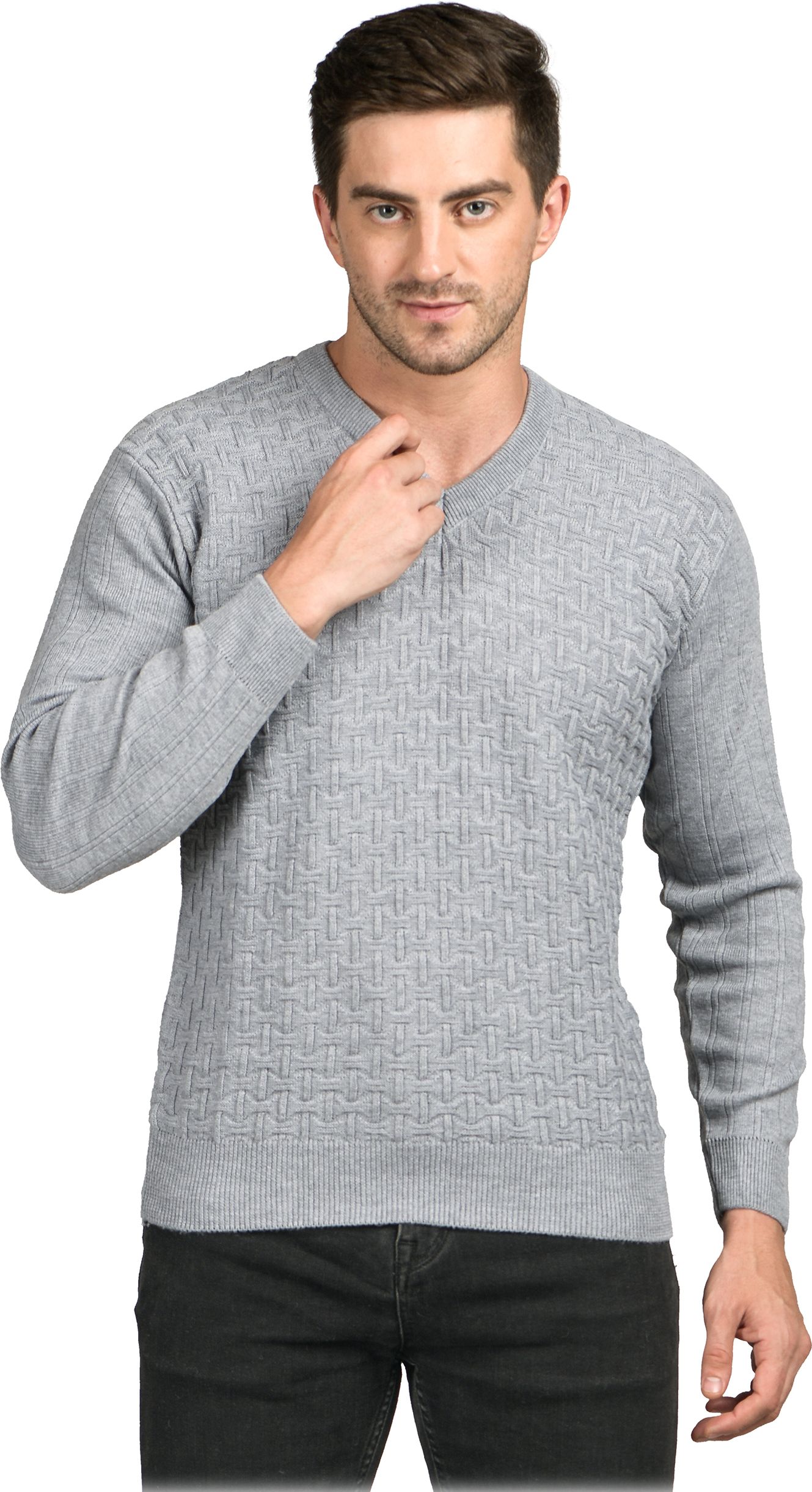 Men Self Design V Neck Grey Sweater-image-42