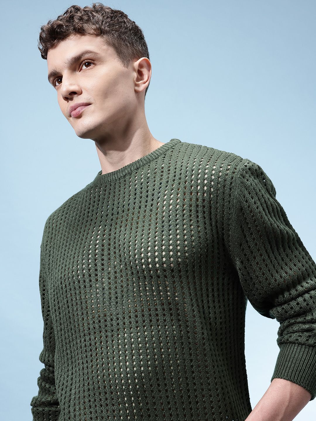 glitchez Men Self Design Round Neck Green Sweater-picture-15