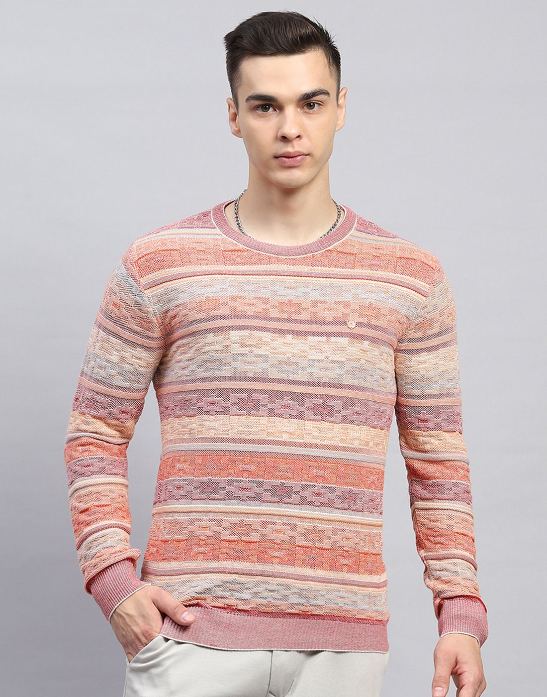 monte carlo Men Striped Round Neck Pink Sweater-picture-11