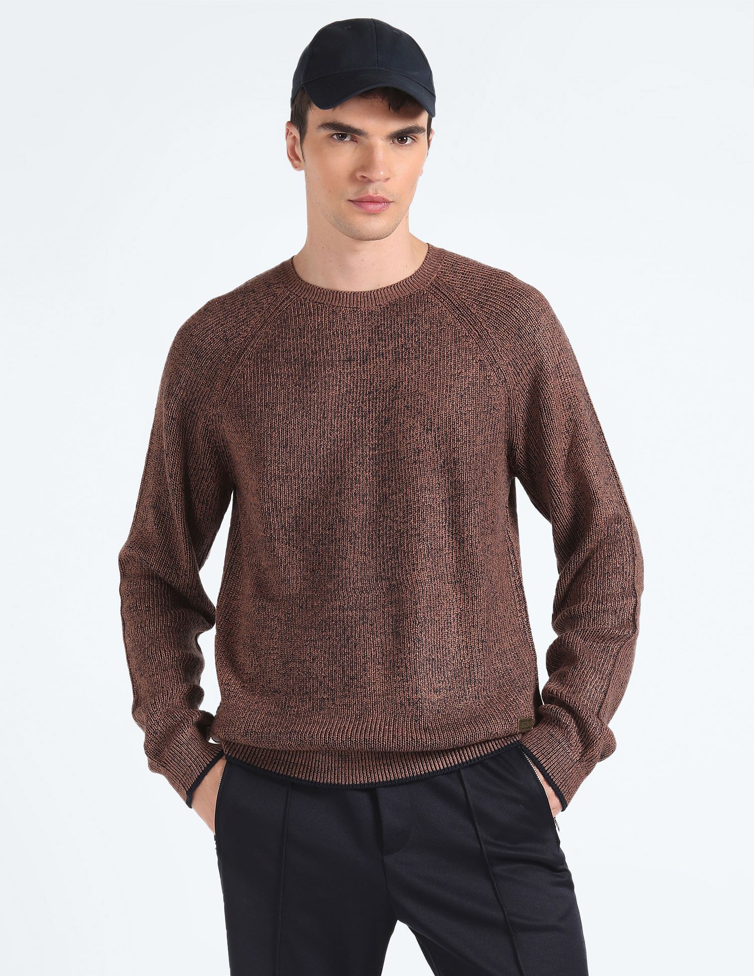 flying machine Men Self Design Crew Neck Brown Sweater-picture-10