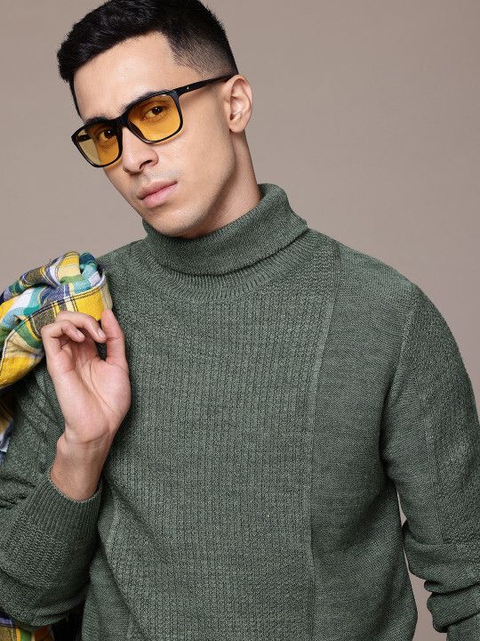 roadster Men Self Design High Neck Green Sweater-picture-31