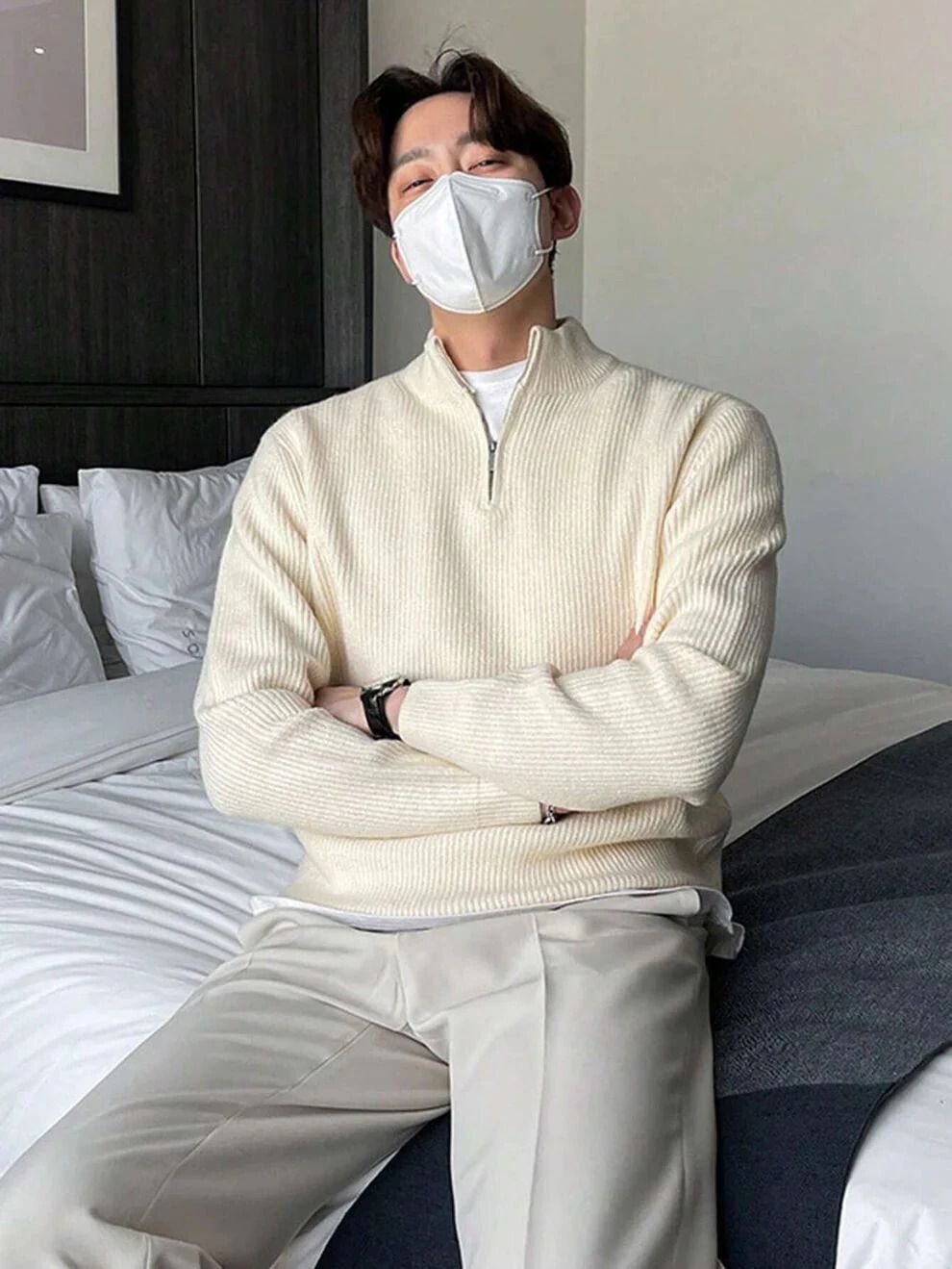 Men Self Design High Neck White Sweater