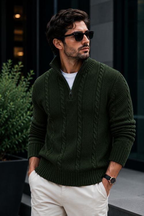 fashlook Men Self Design V Neck Dark Green Sweater-picture-16