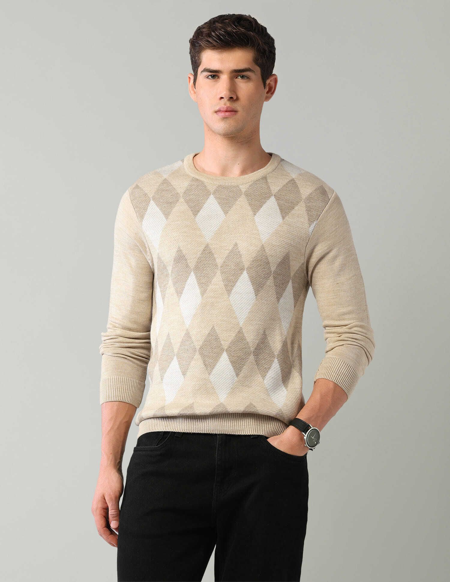 ad by arvind Men Geometric Print Crew Neck Beige Sweater-picture-11