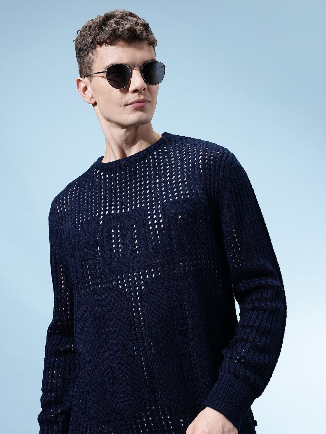 glitchez Men Self Design Round Neck Blue Sweater-picture-18