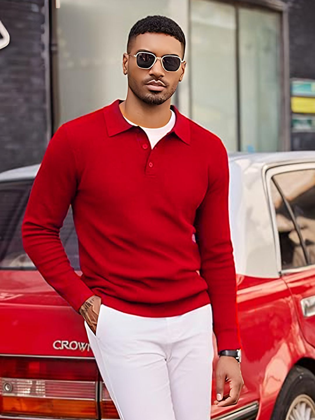 tysort Men Self Design Collared Neck Red Sweater-picture-26