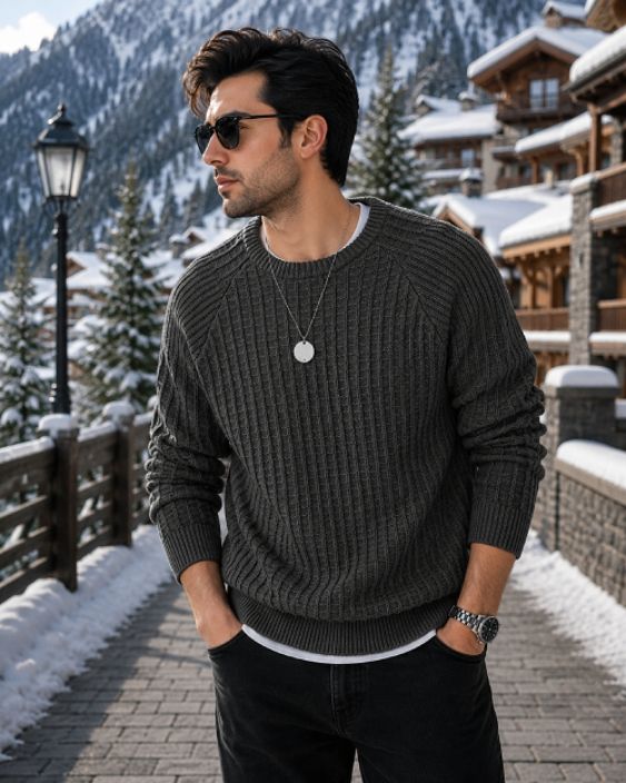 Men Self Design Round Neck Grey Sweater-image-3