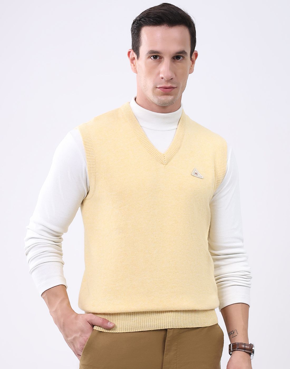 monte carlo Men Solid V Neck Yellow Sweater-picture-11