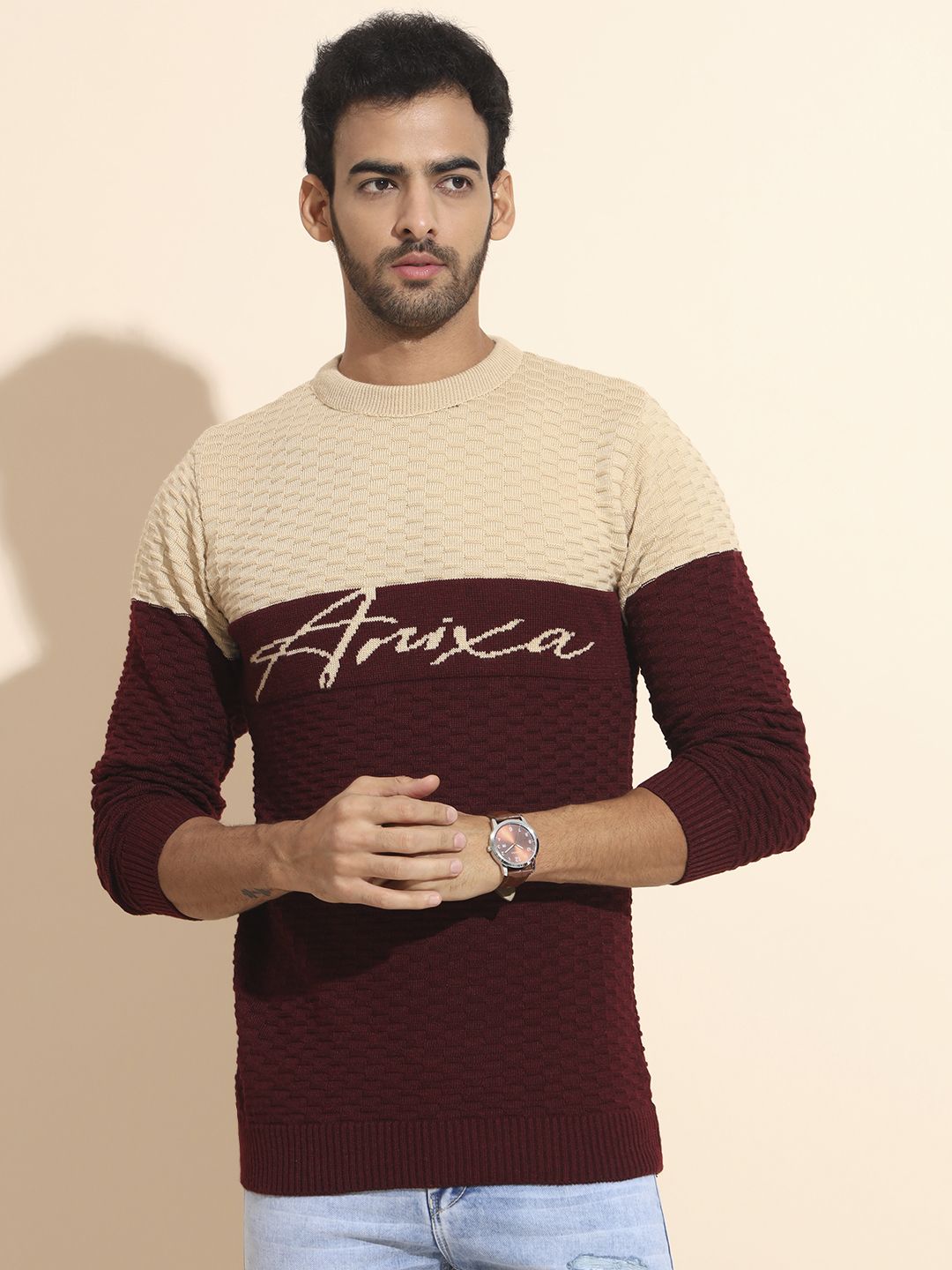 fit n fame Men Colorblock Round Neck Beige Sweater-picture-27
