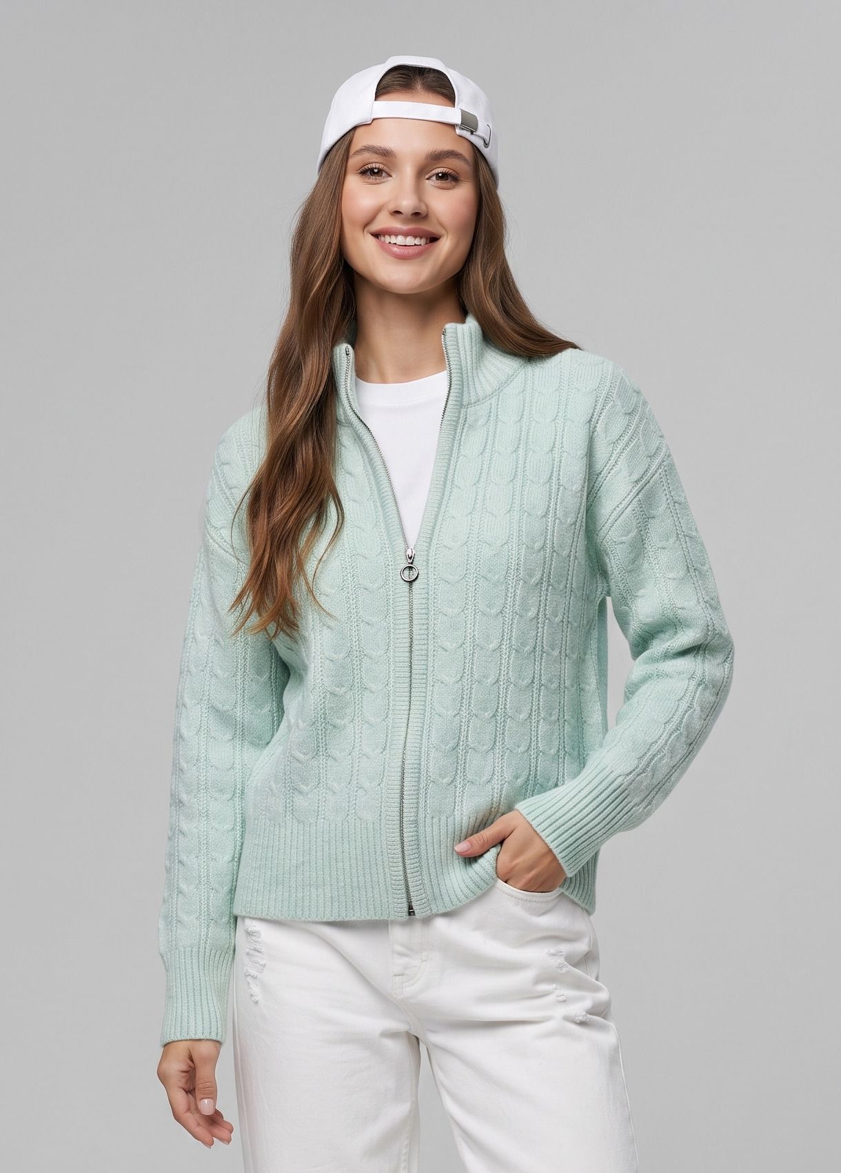 Women Self Design High Neck Light Green Sweater-image-30