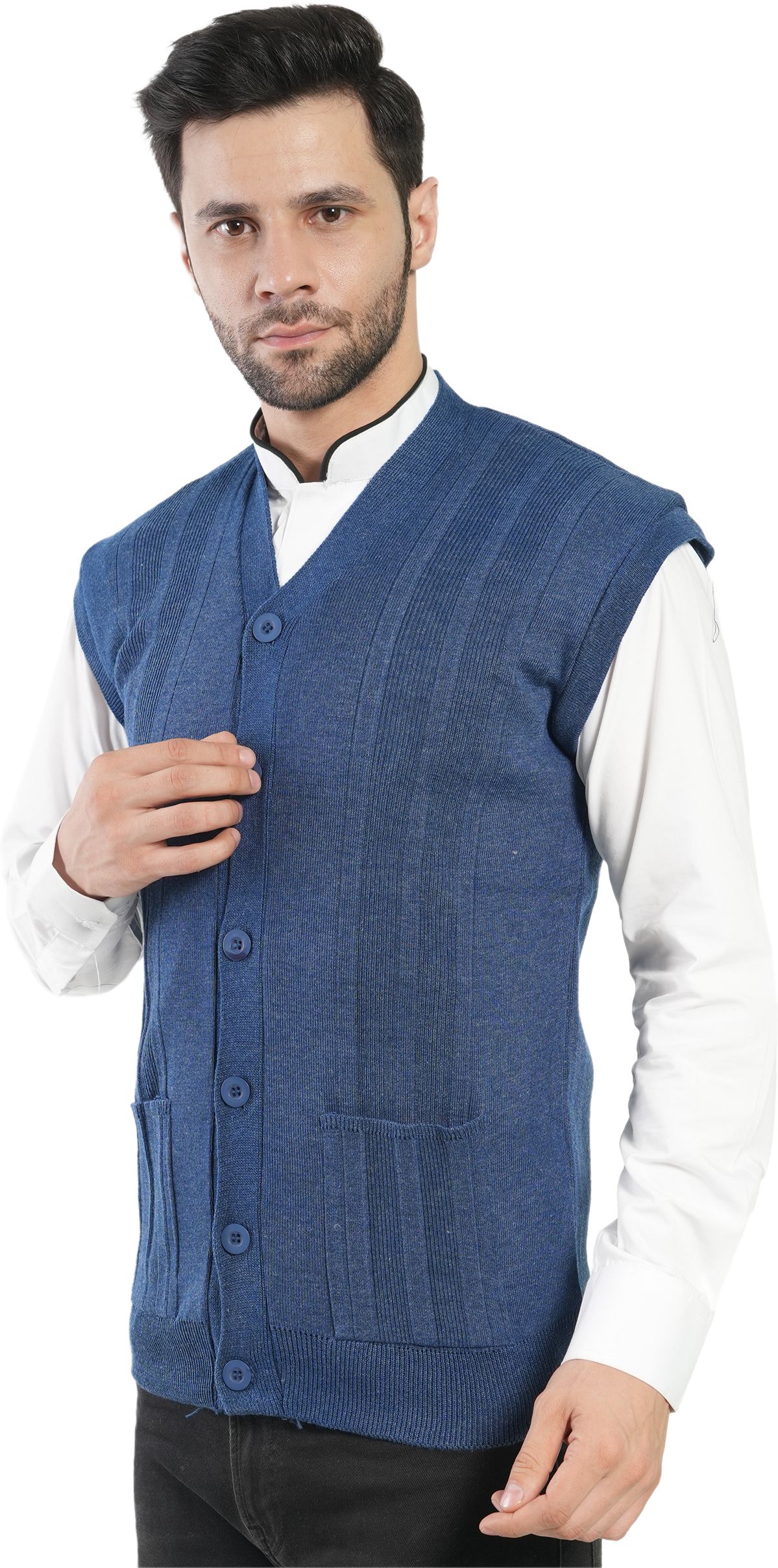 manra Men Self Design V Neck Blue Sweater-picture-12