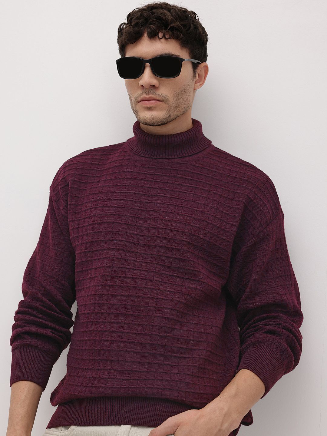 Men Self Design Turtle Neck Purple Sweater-image-17