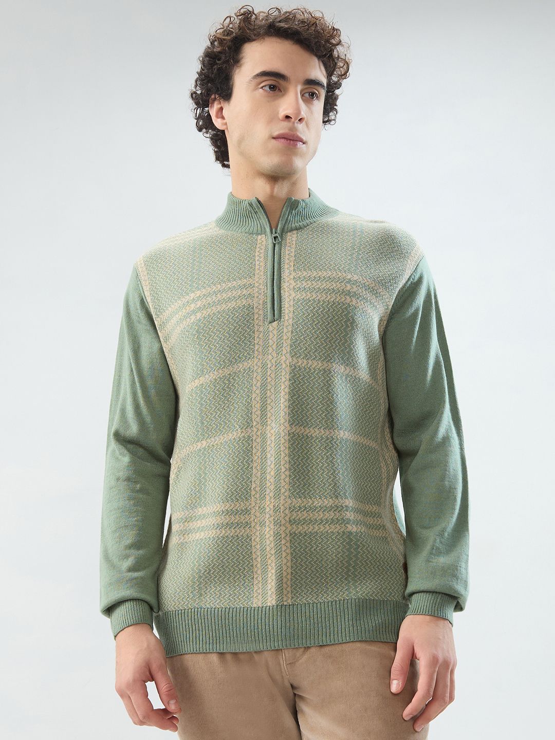 Men Checkered Collared Neck Green Sweater-image-10
