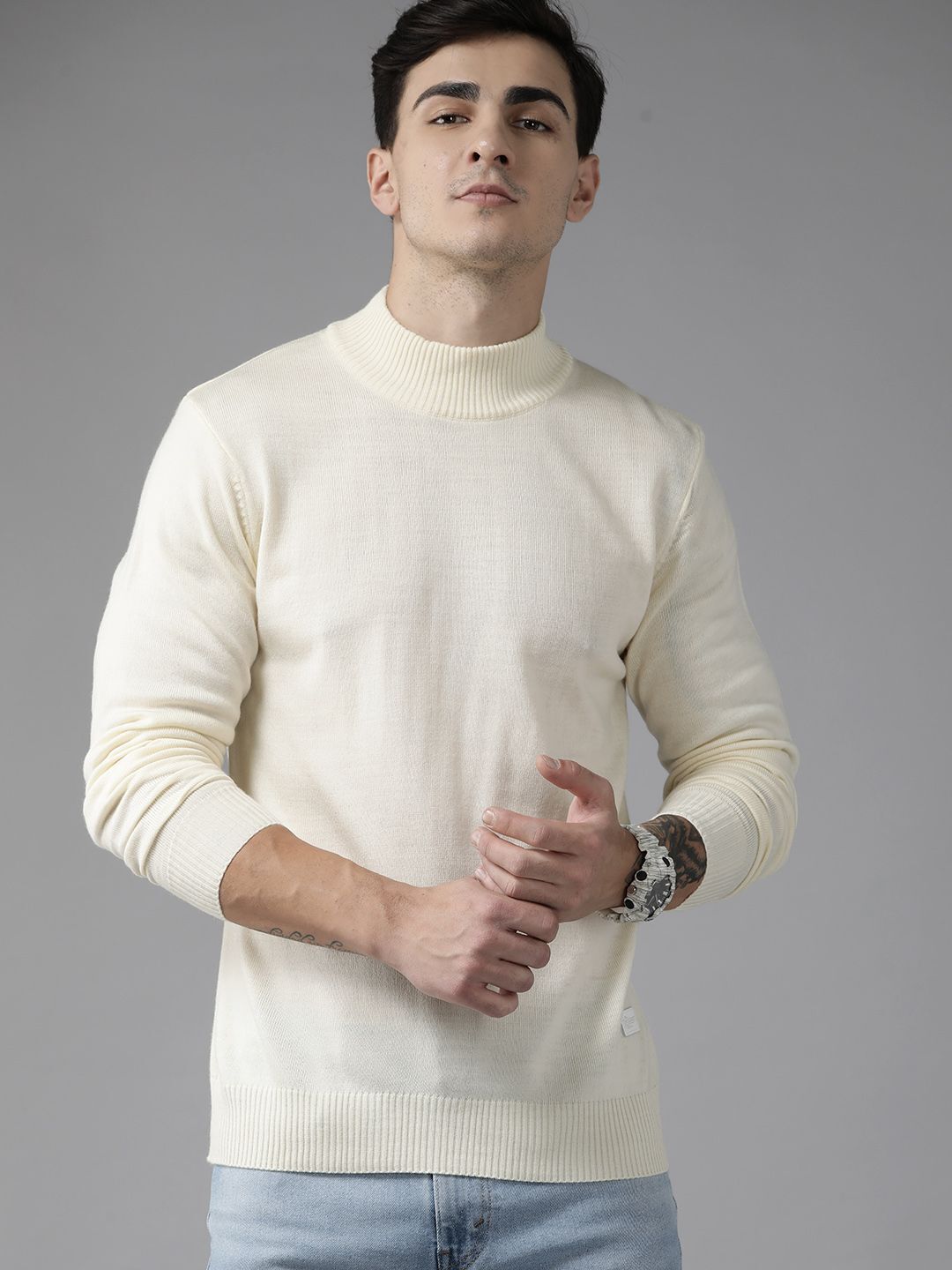 Men Solid Turtle Neck Beige Sweater-image-24