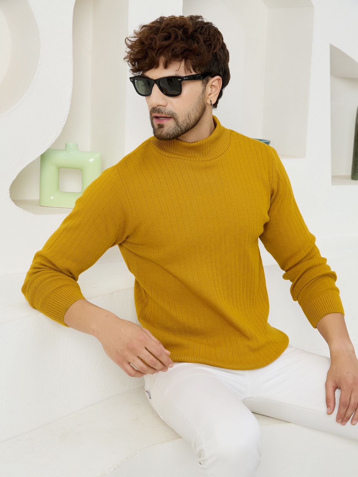 kvetoo Men Solid High Neck Yellow Sweater-picture-19