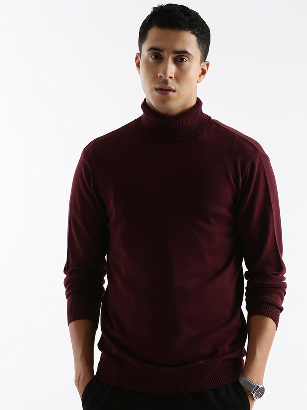 Men Solid Turtle Neck Red Sweater-image-19